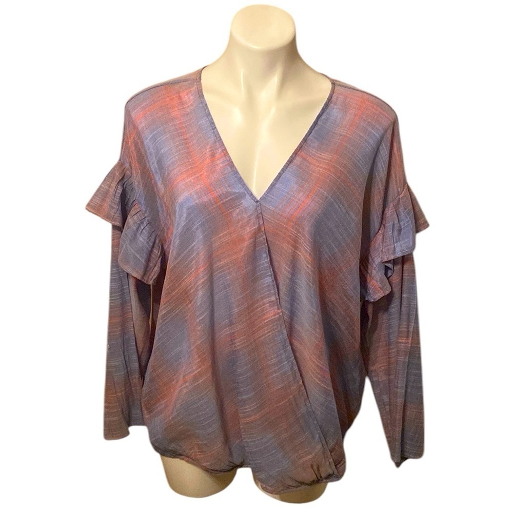 Studio JPR Women’s Blue Plaid Long Sleeve Oversized Ruffle Blouse Size XL